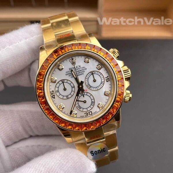 Rolex Cosmograph Daytona 116598SACO white dial diamond markers orange sapphire bezel yellow gold Oyster bracelet 1:1 super clone