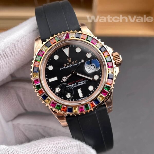 Rolex Yacht-Master 40 126655 customized rainbow baguette bezel black dial Everose gold Oysterflex strap 1:1 super clone