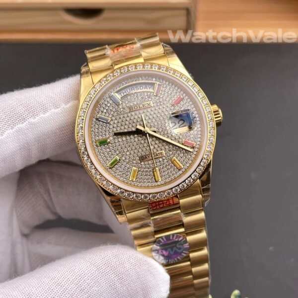 Rolex Day-Date 40 228398TBR customized diamond pavé dial rainbow baguette markers diamond bezel yellow gold President bracelet 1:1 super clone