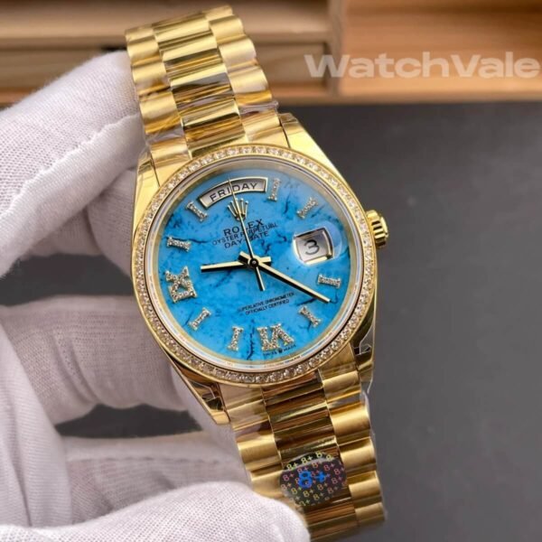 Rolex Day-Date 36 128348RBR turquoise stone diamond dial yellow gold diamond bezel President bracelet 1:1 super clone