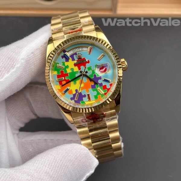 Rolex Day-Date 36 128238 puzzle motif dial rainbow baguette markers yellow gold President bracelet 1:1 super clone