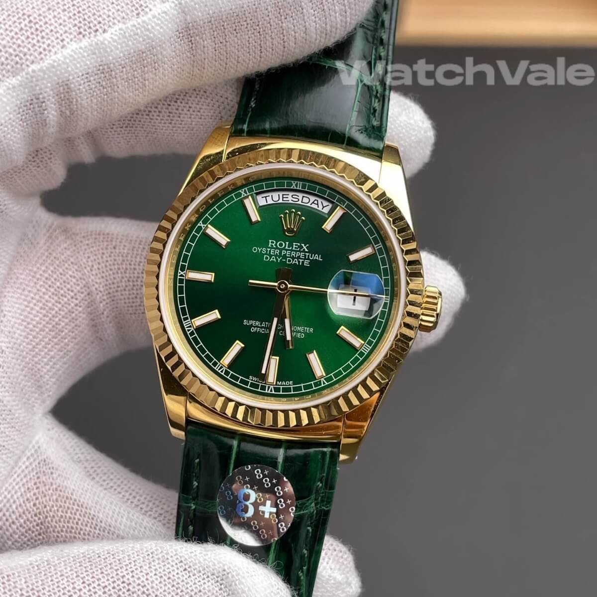 Rolex Day-Date 36 128238 green dial yellow gold fluted bezel green alligator strap 1:1 super clone