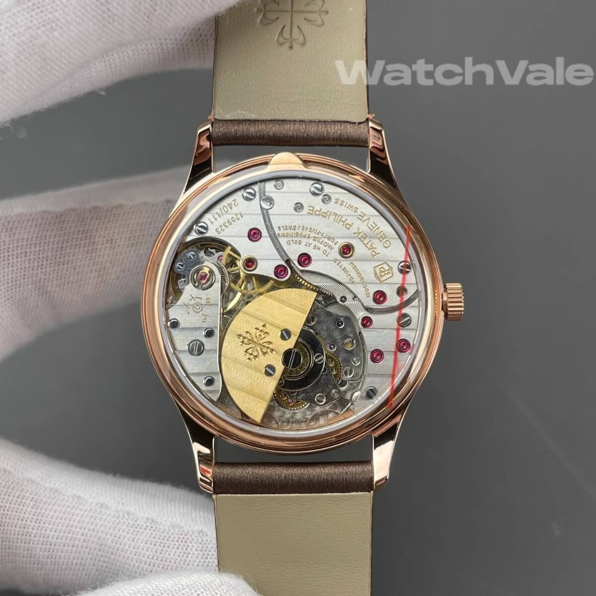 Patek Philippe Calatrava 35mm brown satin strap super clone on wrist