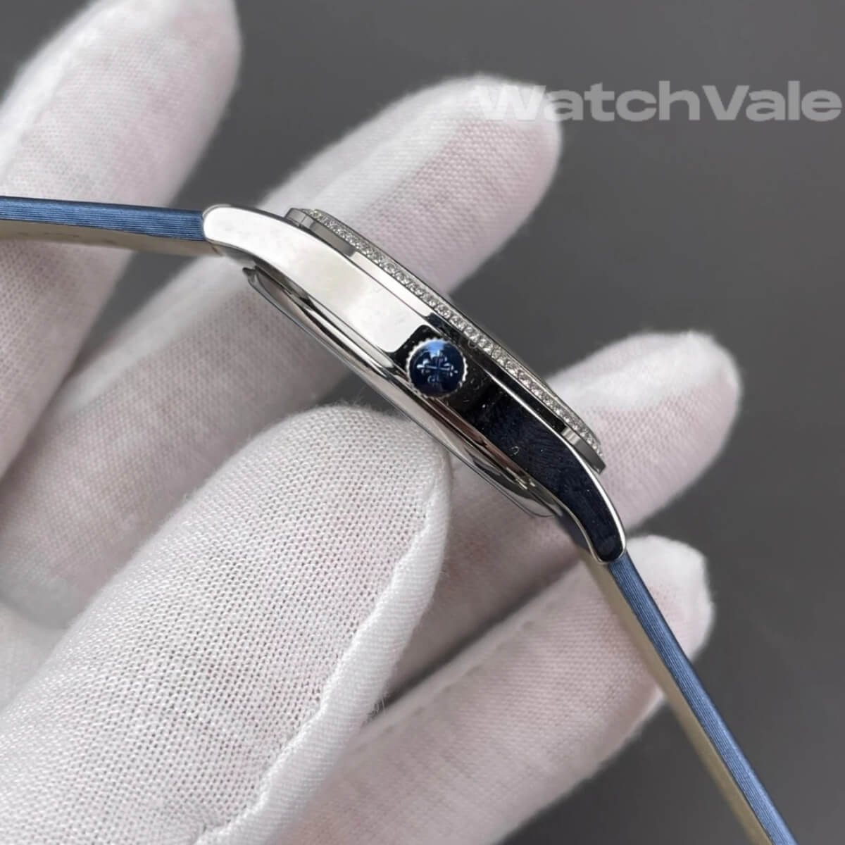 Midnight blue embossed dial diamond bezel white gold Patek Philippe Calatrava super clone watch