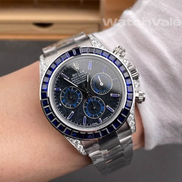 Rolex Cosmograph Daytona 116599 blue sapphire black diamond super clone watch back view