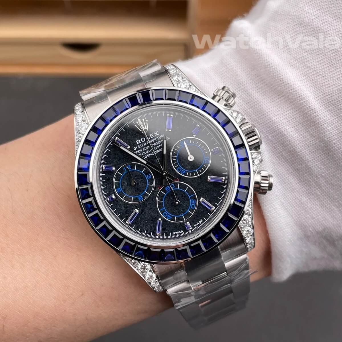 Rolex Cosmograph Daytona 116599 blue sapphire black diamond super clone watch back view