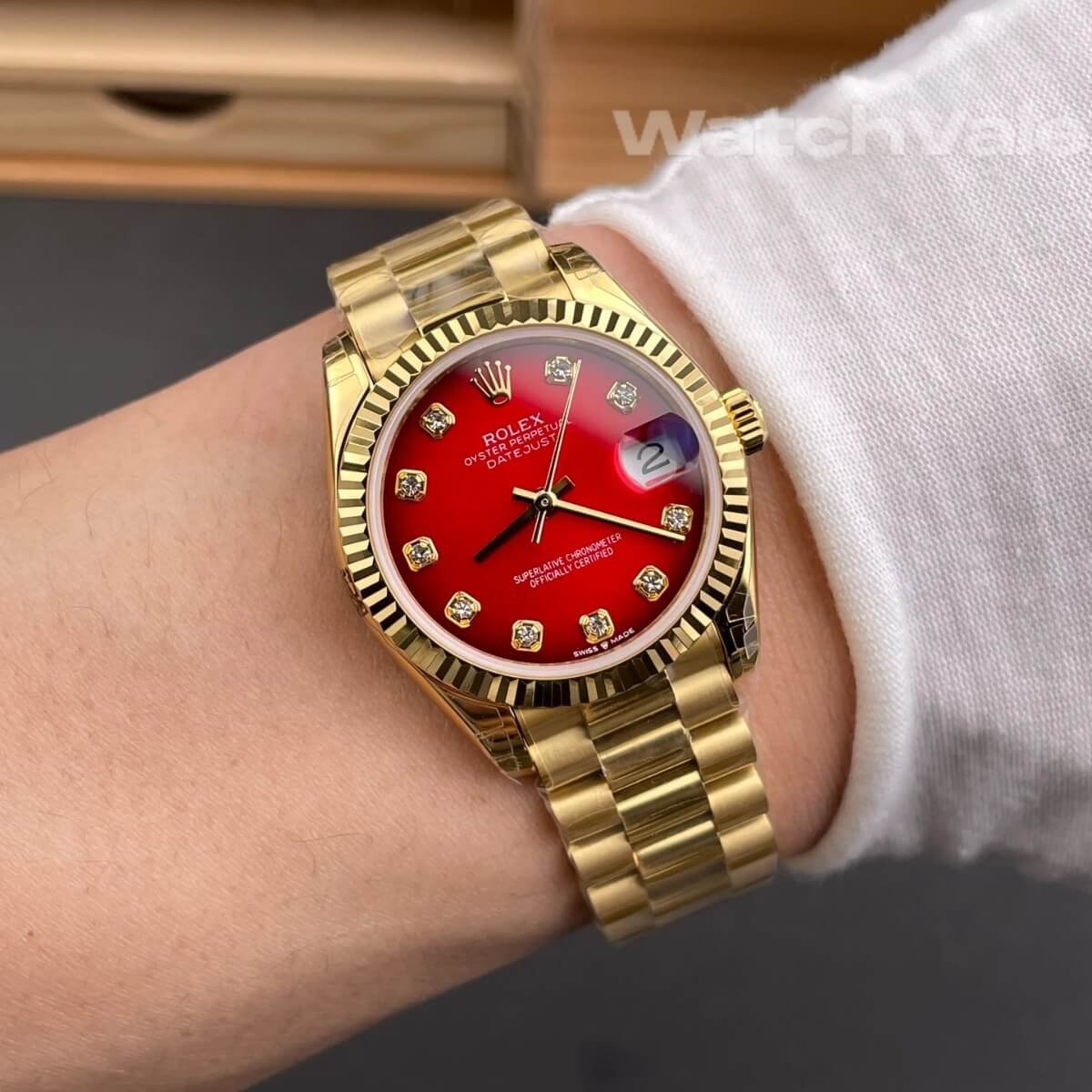 Rolex Datejust 36 customized red ombré super clone watch back view