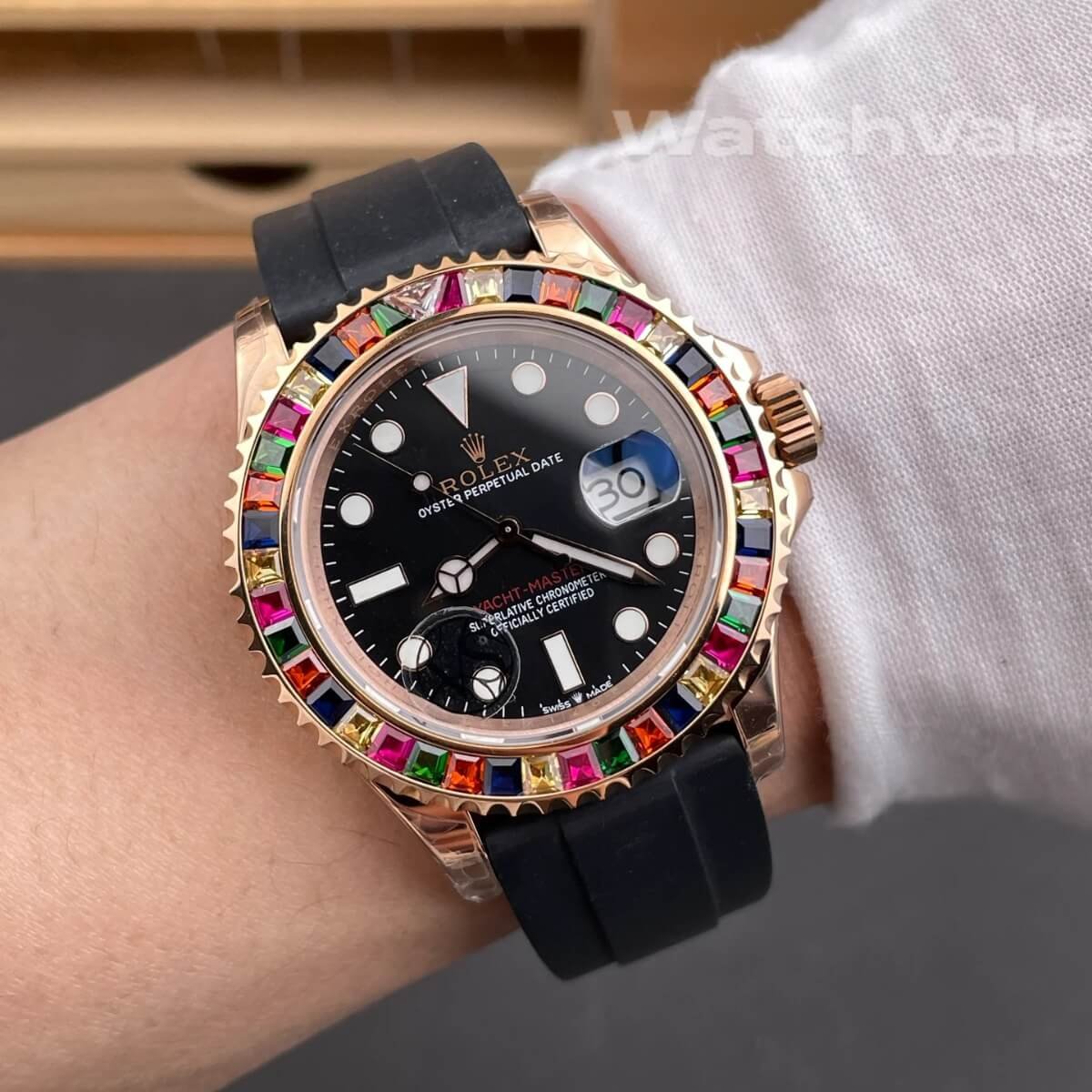 Rolex Yacht-Master 40 126655 customized rainbow baguette bezel super clone watch back view