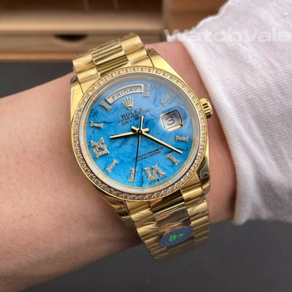 Rolex Day-Date 36 128348RBR turquoise stone dial super clone watch back view
